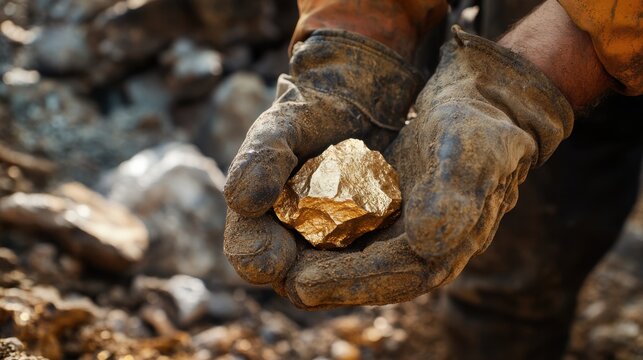 Gloved hands holding a gold nugget